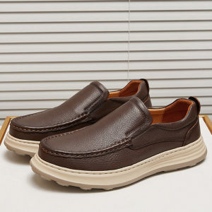 Large Size Mens Shoes 45 46 47 Genuine Leather Thick Bottom Ultra Lightweight Shock Absorption Slip-On Soft Bottom Sheepskin Casual Shoes