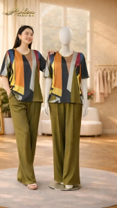 Đồ bộ mặc nhà trung niên lụa Latin tay lỡ quần ống suông dài 9 tấc đồ mặc nhà trung niên size lớn từ 45 - 72kg