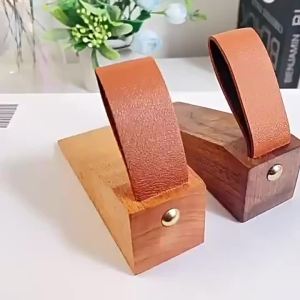 Solid Wood Door Stopper Decorative Wedge with Leather Strap Heavy Duty Non Slip Door Block for Bedroom Office Home Decor