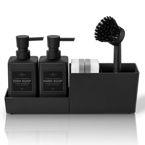 Kitchen Soap Dispenser Set with Sponge Holder and Brush for Sink Rack Hand Soap and Dish Soap Dispensers Black 4-in-1