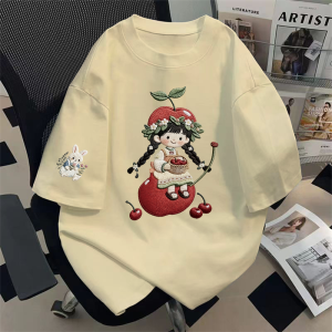 Lazy Style Embroidered Cherry Girl Cotton T-Shirt for Girls Loose round Neck Print Base Shirt Casual Loose Fit Kids T-Shirt
