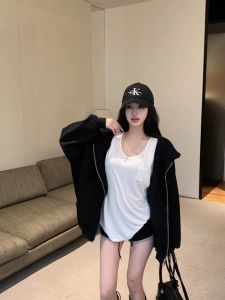 Áo Khoác Nỉ Màu Đen Có Mũ Trùm Đầu Cho Nữ Dáng Rộng Thoải Mái Thường Ngày Phong Cách Lười Biếng Áo Khoác Ngoài Mùa Thu Áo Khoác Ngoài