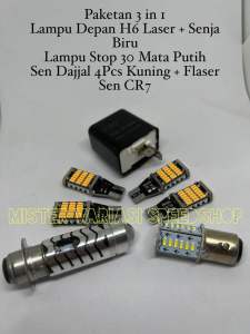 PAKET 3 IN 1 VARIASI MOTOR LAMPU LED DEPAN H6 LASER + SEN DAJJAL KUNING 4 PCS DAN FLASER CR7 + LAMPU STOP 30 MATA RUNNING BISA UNTUK SEMUA MOTOR NMAX AEROX NEW PCX 160 PCX 150 Mio vario 125 vario 150 beat new beat old scoopy