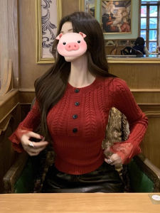 BINKAFENNY | เสื้อชั้นในถักสีแดงคอตั้งสไตล์เกาหลีสำหรับผู้หญิง เสื้อเชิ้ตแขนยาวทรงเข้ารูปสวยงาม เสื้อชั้นในฤดูใบไม้ร่วง