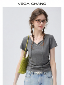 VEGA CHANG | Áo Thun Knit Cổ Cao Ôm Body Tay Ngắn Màu Xám