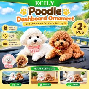 ECILY 1/2PCS Cute Poodle Car Dashboard Ornament Soft TPR Material Non Slip Mat Durable Puppy Statue Auto Interior Decor Gift Brown White 15x10x9cm