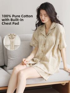 miiow | Pure Cotton Summer Thin Short Sleeve Shorts Set Home Clothes For Women Cat Person Sleepwear With Chest Pad Can Be Worn Outside