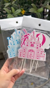 🏰 Set 5 Que Cắm Giấy Lâu Đài Xanh Biển/ Màu Hồng -Trang Trí Bánh
