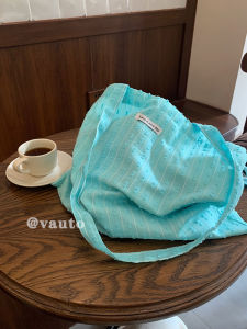 Summer Fresh Mint Blue Cloth Bag 2024 New Arrival Stripes Texture Shoulder Bag Large Capacity Versatile Canvas Bag