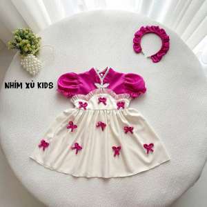(4-28kg) Đầm Váy Cổ Tàu Đính Nơ NHÍM XÙ KIDS Cho Bé Gái 1 Tuổi Đến 8 Tuổi V118
