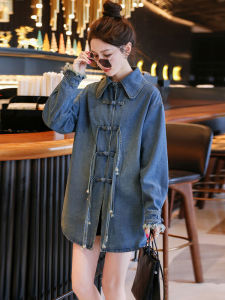 เสื้อเชิ้ตผู้หญิงทรงหลวมสไตล์จีนย้อนยุคแบบใหม่ ปิดด้วยกระดุม ทรงยาว ทรงหลวม แขนยาว สีพื้น ทรงปกติ โพลีเอสเตอร์ 100%