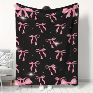 VIKAMA Valentines Day Black Pink Bow Cover Blanket Flannel Sofa Blanket Best Friends Birthday Gift Ins Style Home Decoration