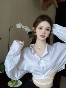 GUZILIAN | White Long Sleeve Polo Neck Shirt Women Spring Autumn Short Design Sense Waist Inward Top Korean Style Straight Bubble Sleeve