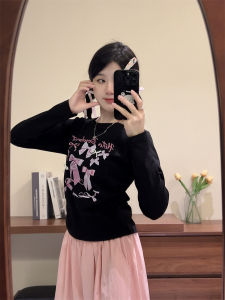 Áo Thun Cotton Dài Tay Màu Hồng in Chữ Nơ Cổ Tròn Dáng Ôm Vừa Vặn Mùa Thu Phong Cách Ngọt Ngào Mát Mẻ Ngắn Vừa Vặn Vai