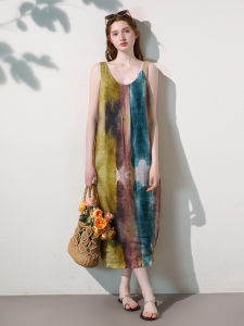 Miccbeirn | Pure Linen Gradient Artistic Print Sleeveless Dress Vest Unique Design Holiday Style Beach Skirt Women Long Skirt