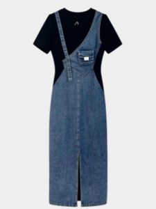 Đầm Denim Dài Vừa Phải Thiết Kế Giả Hai Mảnh Thời Trang Mùa Hè Cho Nữ Váy Midi Cạp Cao Tay Ngắn Cổ Polo Màu Trơn