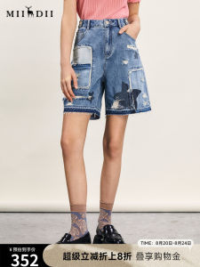 Retro Fashion Patchwork Straight Leg Jeans Shorts Womens Summer New Style High Waist Cotton Casual Pants Hole Design