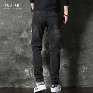 กางเกงยีนส์ทรงสลิมฟิตสีดำสำหรับผู้ชาย กางเกงขายาวลำลองยืดหยุ่นสไตล์วินเทจ กางเกงยีนส์ทรงตรงลำลองสำหรับผู้ชาย