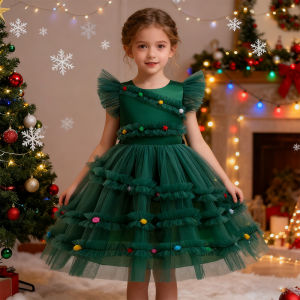 Christmas Tree Design Girl Princess Dress Green Mesh Girls Party Dresses Xmas Costume Childrens Birthday Dress Carnival Outfits