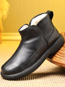 Mens Winter Wool Lined High Top Snow Boots Real Leather Comfortable Warm Casual Fashionable Beijing Style Cotton Shoes