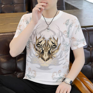 Ice Silk Mens T-Shirt Short Sleeve Slim Fit Quick Dry Half Sleeve Summer Fashionable Urban Style round Neck Top Animal Pattern