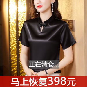 New Chinese Style Silk Short Sleeve Shirt Womens Traditional Collar Button T-Shirt Spring Summer New Mom  Silk Blouse