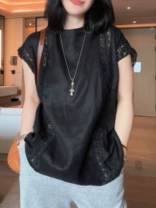 UYFY | Black Round Neck Splice Short Sleeve T-Shirt Womens Summer New Lightweight Fashion Design Large Size Anti-Aging Top