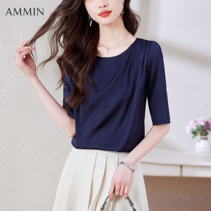 AMMIN เสื้อเบลาส์ผ้าไหมแขนสั้นสีทึบ เสื้อเบลาส์ทรงหลวมแขน ห้าส่วนแบบแฟชั่นสไตล์สไตล์เกาหลี แบบแหวกแนวเสื้อยืดผู้หญิงผ้าไหมลำลอง