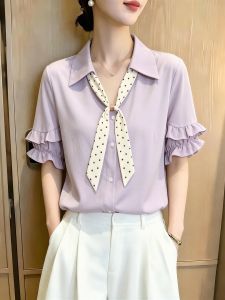 SHUAIYUE | Áo Blouse Elegent Tay Voan Xếp Ly Chấm Bi Tím