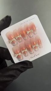 【5in1 Toolkit+HANDMADE】Artificial Nail Sweet Princess Style Bow Aurora Cats Eye Flash Phototpy Fake Nail Patch Press on Nails Reusable