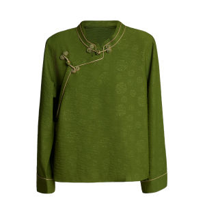 Elegant Black Gold Chinese Style Cotton Linen Womens Shirt Collar Tunic Top with Button Design Winter Han Elements Set