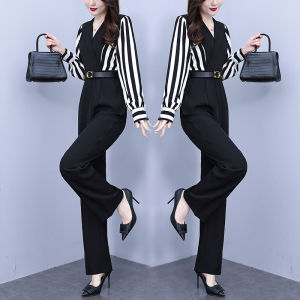 Impression Fashion Women: Elegant Chiffon Turn-down Collar Long Sleeve Stripe Print Joint Plain Color High Waist Wide-leg OL Casual Jumpsuit