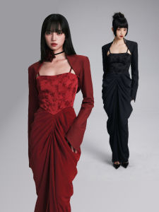 HOPLOOP Chinese Style Autumn Vintage Floral Velvet Satin Wine Red Flower Vase Strap Dress Set Engagement Robe Fashion Ensemble