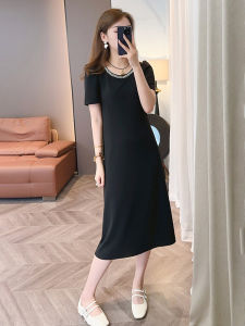 Elegant French Style Black Midi Dress Womens Summer Slimming Gown Pearl Embellished round Neck Short Sleeve A-Line Dress