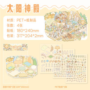 Scroll style Creative Cartoon 3D Landscape Sticker Book PET DIY Cabin Scene Pocket Sticker Miniature House Sticker Cabin Scene