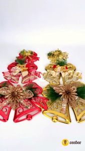 Hiasan Lonceng Belah Kerawang Natal (V27) | Ornament Pohon Natal Glitter Emas Merah | Dekorasi Hampers