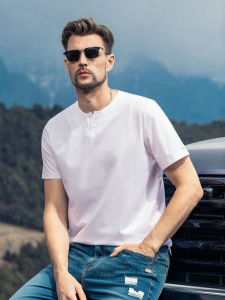 Enjeolon | Smooth Silk Cotton V-Neck Short Sleeve T-Shirt Retro Casual Shirt