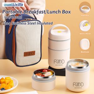 JustLiving 510/680ml Portable Lunch Box 304 Stainless Steel Insulated Breakfast Cup 1/2 Tiers Soup Bentgo Lunch Box Stainless with Bag Porridge Cup Food Storage Box Tableware Mini Bento Box
