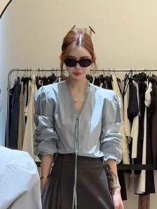 XUECAIQI | Youthful V-Neck Lace Tie Shirt Skirt Set