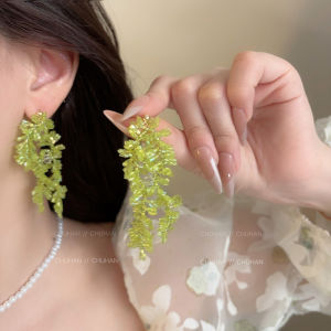 Exaggerated Sweet Tassel Earrings Green Beads Drop Earrings French Style Fresh out Fashion Jewelry for Women Geometric Pattern