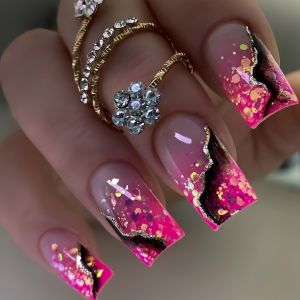 Medium fake nails for women girls gradient pink golden red marble strips printing Square almond nail tips press on false nail