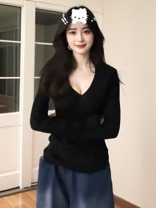 Korean Style Slim Fit Long Sleeve V-Neck T-Shirt Womens Casual Base Shirt Black Spring Autumn Top Commute Pure Color Fashion
