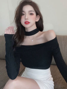 Autumn New Arrival off-Shoulder Halterneck Long-Sleeved Tops Pure Color All-Matching Two-Way T-shirt Silm Slim Looking Niche Style Bottoming Shirt