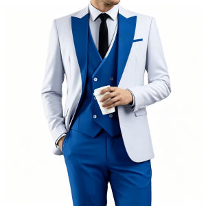 Men Suit Sky Blue White 3 Pieces With Lapel For Wedding Groom Party Prom Birthday Banquet Business Work Set Jacket Vest Pant
