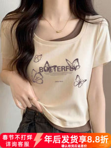 Slim Fit Short Sleeve U-Neck Cotton T-Shirt Womens American Retro plus Size Summer Top Printed Letter Korean Style Commute