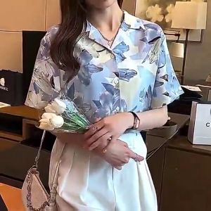 Printed Short Sleeve Blouse For Women Floral Retro trendy Chiffon Shirts Loose Casual Tops