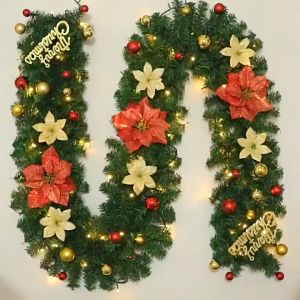 CHRISTMAS GARLAND SET 2.2 METER +5CM(20PCS) CHRISTMAS BALLS & POINSETTIA FLOWE DECORATION FOR CHRISTMAS TREE WREATH