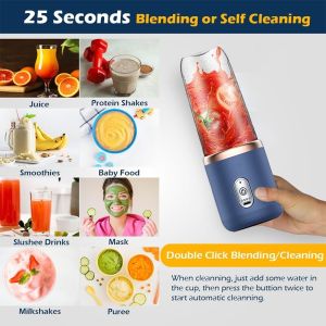 Portable Electric Juicer USB Wireless Rechargeable 6 blades Automatic 400ML Mini Squeezer Multifunctional Fruit Vegetables Fruit Presser Shake 2 Cups Home office Juice Mixer