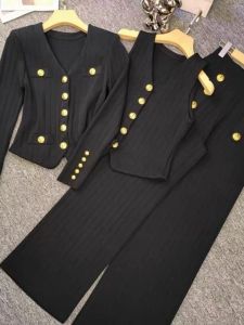 Luxurious Long Sleeve Knitted Cardigan Jacket with Gold Buckle Commute Style Wide Leg Pants Three Piece Set for Women