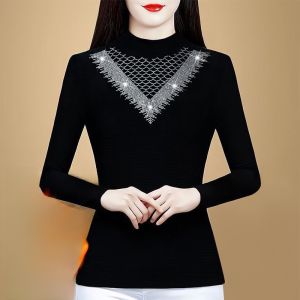 MAIMEI | Fashionable Fleece Lined Slim Fit Base Shirt For Women Elegant Lady Style Winter Warm Top Polyester Fiber Long Sleeve High Collar